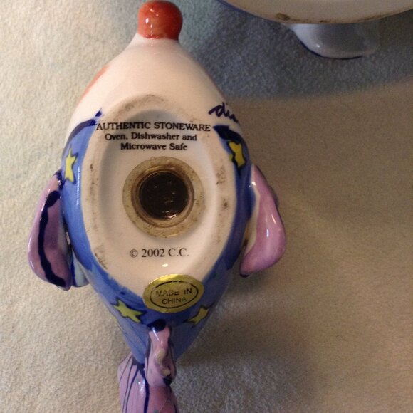 VTG 2002 3 pc Signed Diane, Stoneware Kissing Fish Set; Beach Vibes, Kitschy - Picture 5 of 5